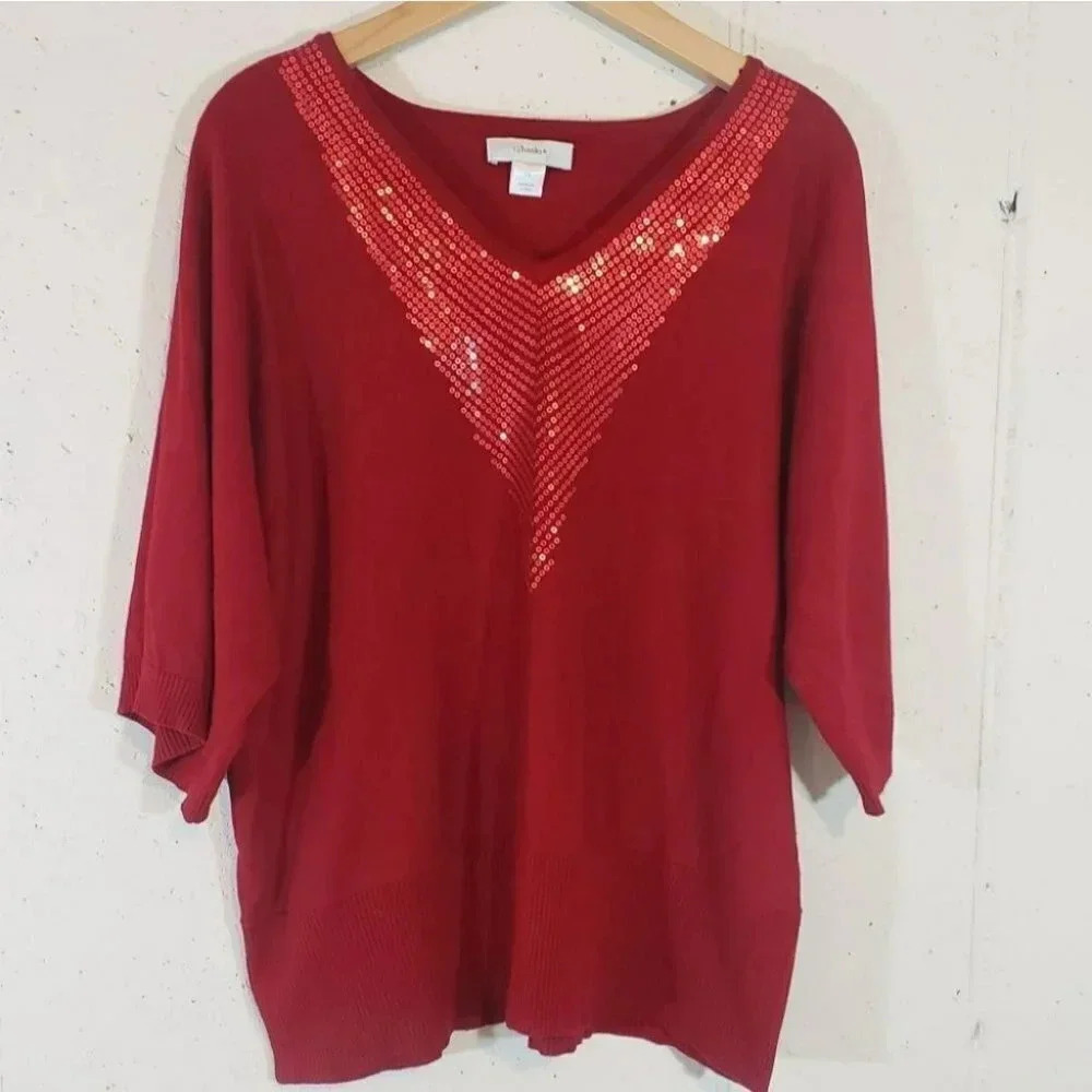 CJ Banks Sweater 1X Red Sequin V-Neck Dolman 3/4‎ Sleeve Plus Size Pullover